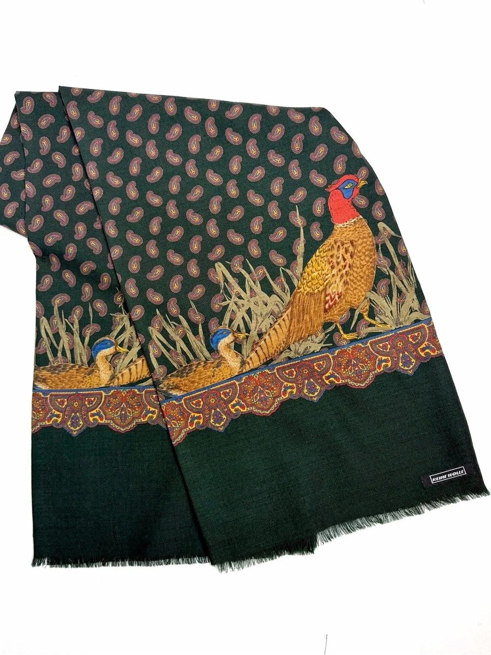 Men's Double Layer Scarf Green Pheasant Duck Paisley Wool  11x53